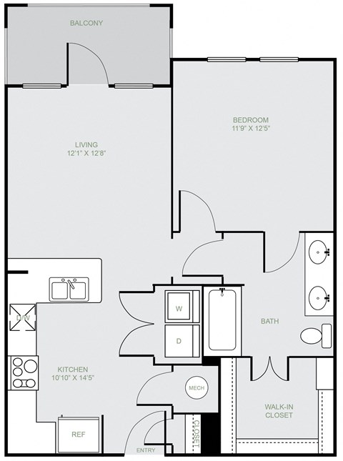 Floor plan for 1 bed, 1 bath, 732 sqft